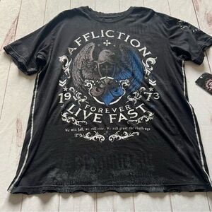 NWT Affliction Mens T-Shirt 2X Black Live Fast Double Side Distressed Y2K Grunge